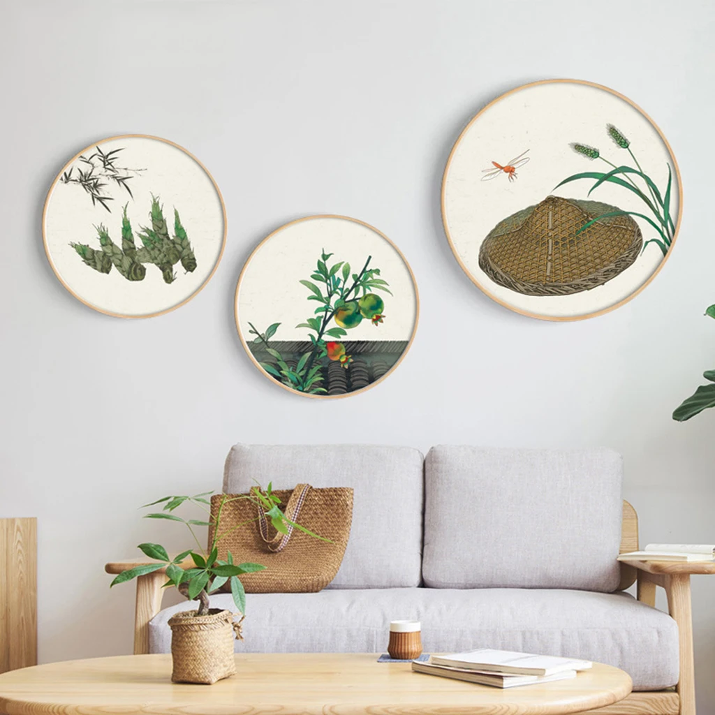 Chinese Style Round Wood Frame Canvas Art Stretched Frames Photo Frame Picture Poster Wood Wall Decor Hanging Frames