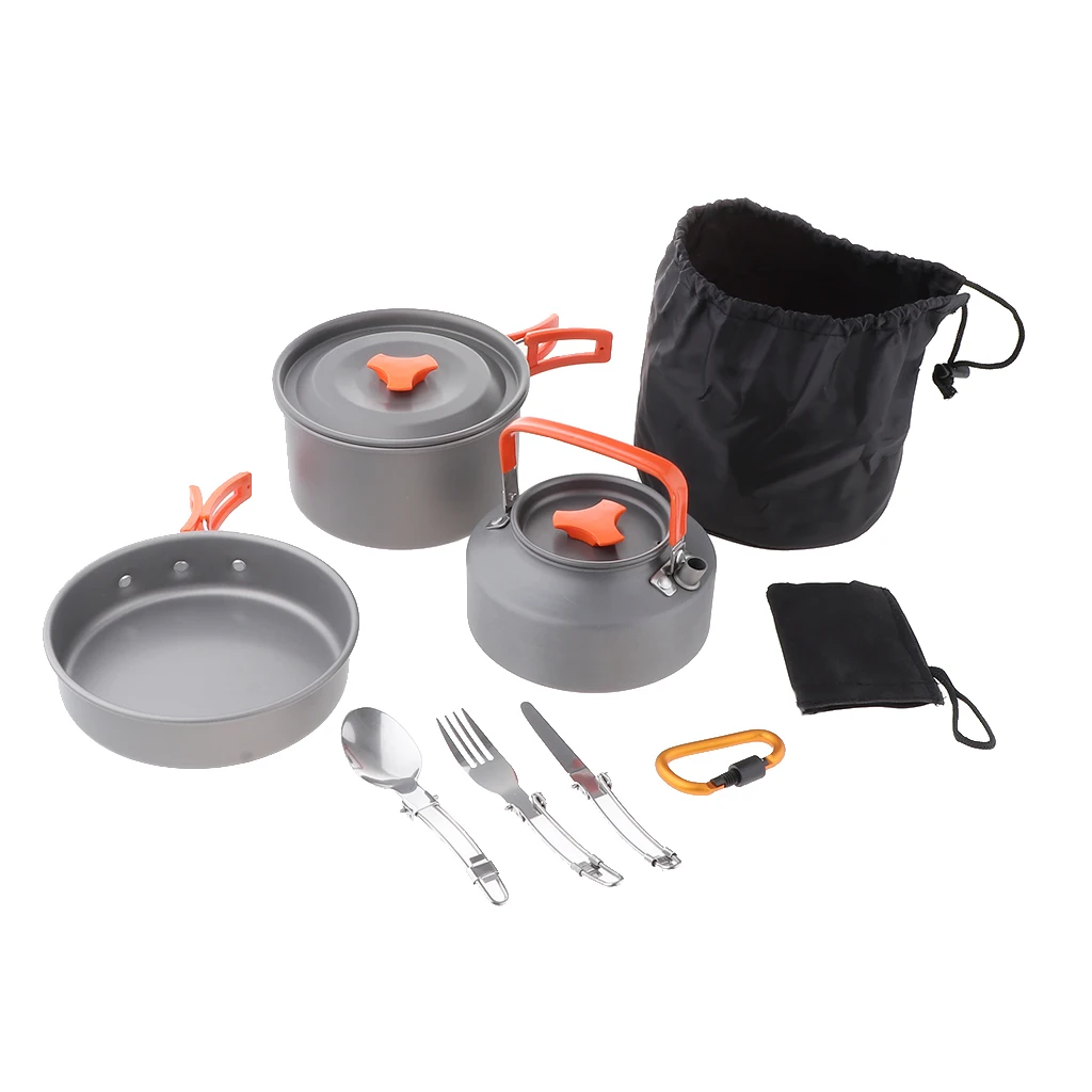 Multipurpose Aluminum Cookware Cutlery Set Camping Pot Pan Water Kettle Spoon Carabiner Camp Cooking Supplies