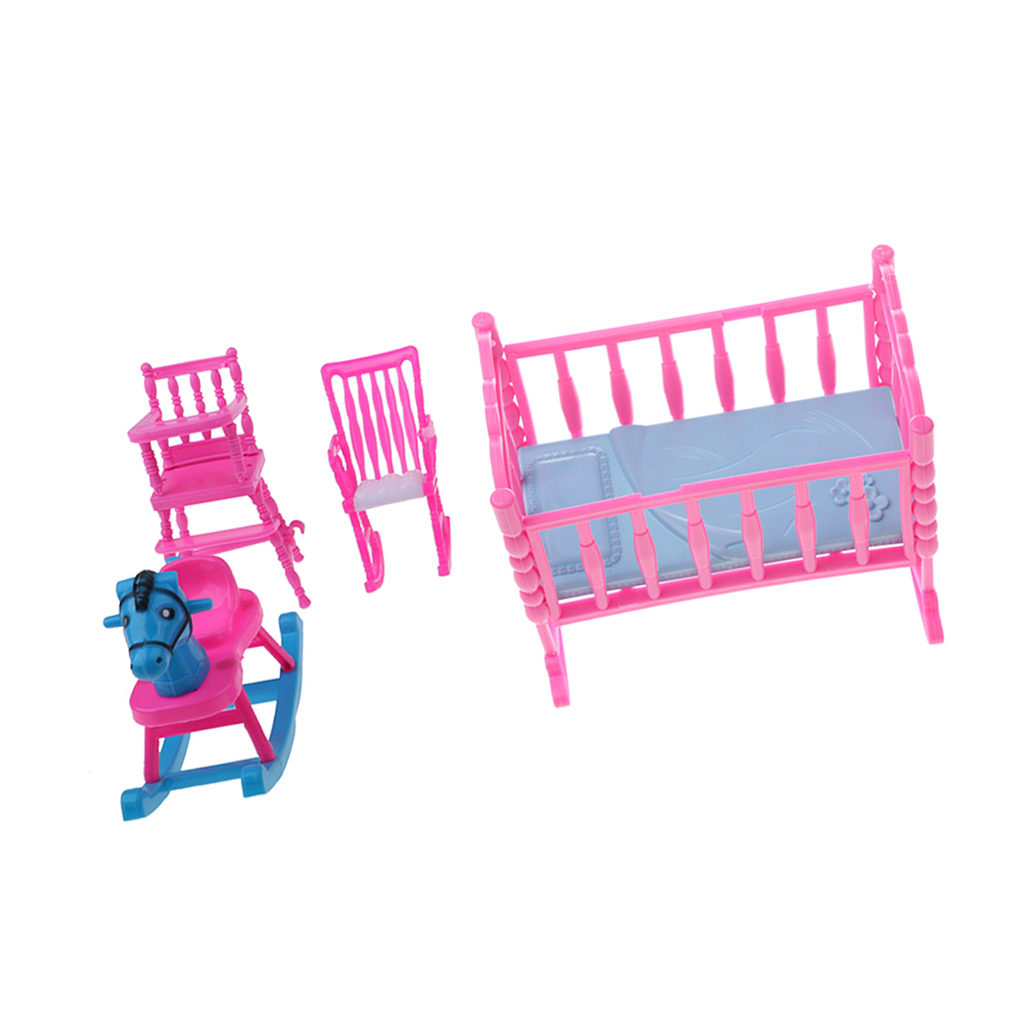 Pink Baby Rocking Bed + Baby Dining Chair + Rocking Horse + Baby Rocking Chair Nursery Room Accessory for Dolls House