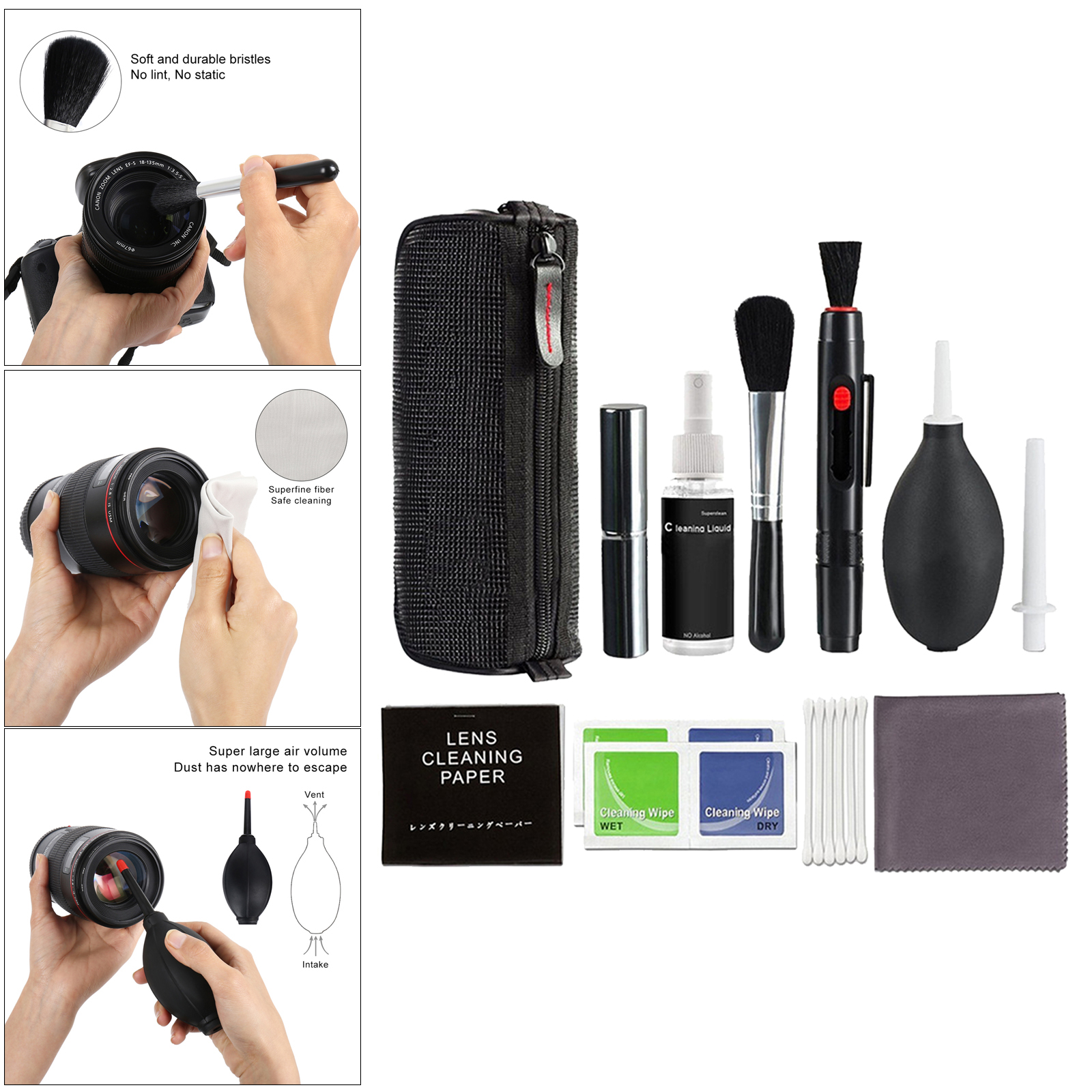 Camera Cleaning Kit with Carry Case, Including Blowing/Lens Cleaning Pen/Cleaning Brush/Cleaning Swabs/Cleaning Cloth