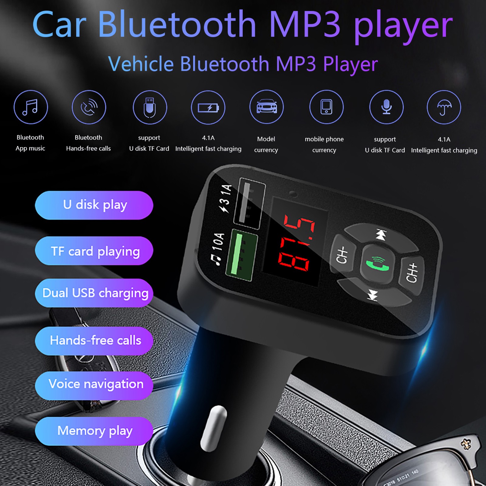 FM-трансмиттер автомобильный с поддержкой Bluetooth 5,0 и 2 USB-портами |  AliExpress