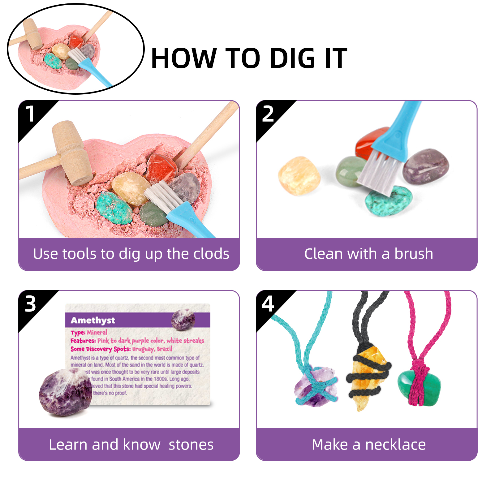 Creative Gemstone Unearth Kit Crystal Mining Kit with 6 Gems Rocks Educational Toys Excavation Kit Gift for Kids Teens Boy Girls