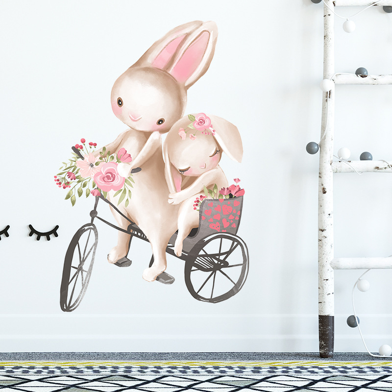 Cute Rabbit Cycling Couple Wall Stickers Children's Room Baby Room Decoration Stickers Girls Bedroom Wall Stickers