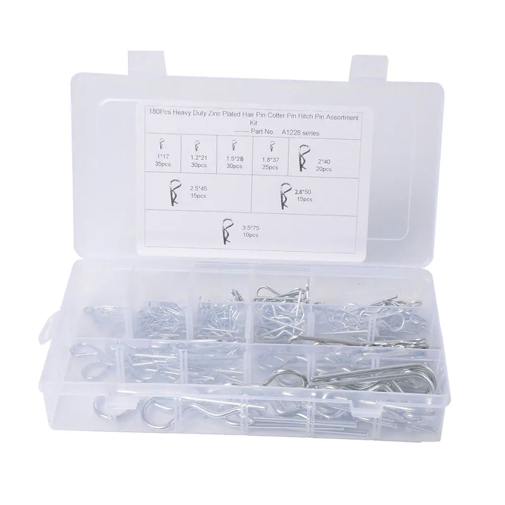 R Cotter Pin Tractor Pin Clip Assortment Fastener Set 8 Different Sizes with Plastic Box Set of 180pcs