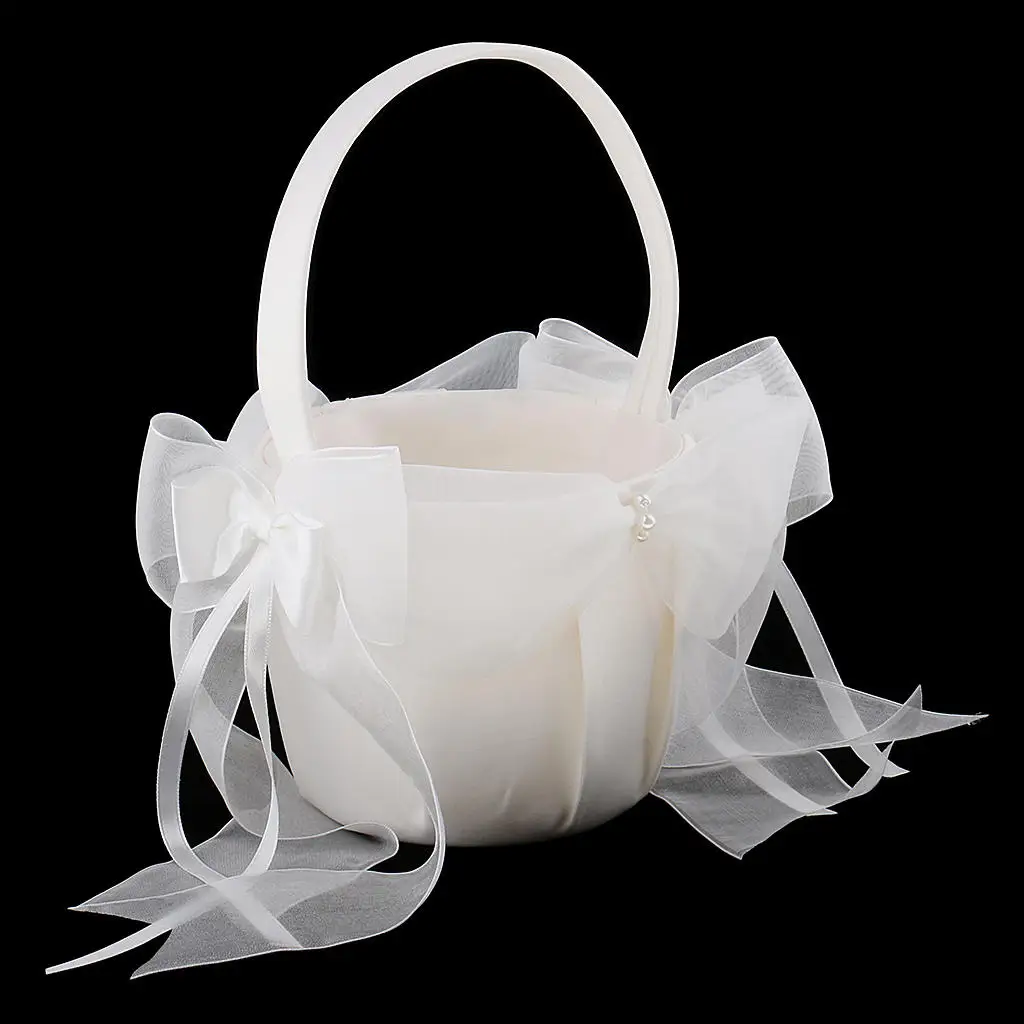 MagiDeal Beige Satin Flower Girl Basket Large Tulle Bow Wedding Party Supplies
