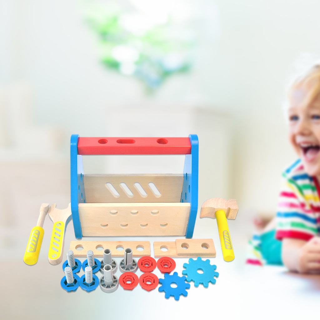 Wooden Take-Along Tool Kit Wrench and Hammer Accessory Repair Toolbox Toy