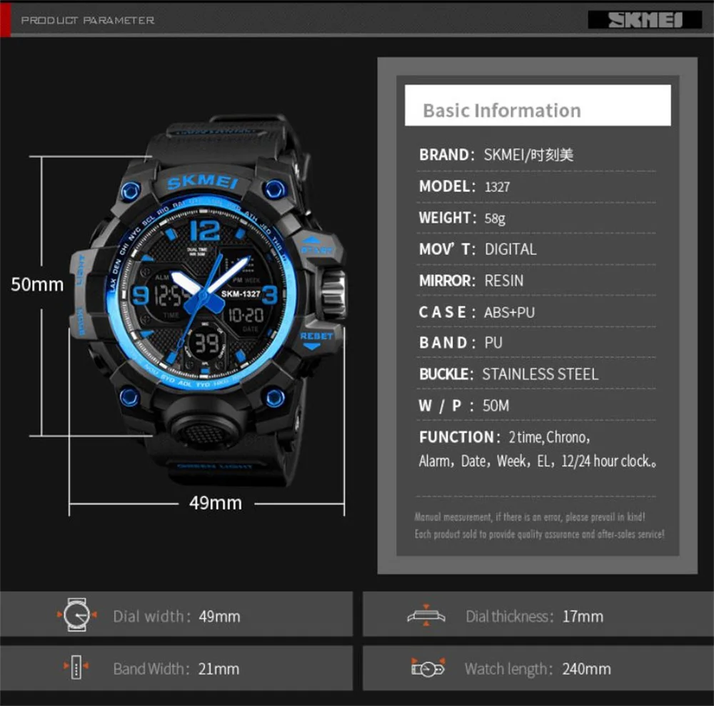 Skmei 1327 Digital Watch Multifunction Waterproof Luminous Display Dual ...