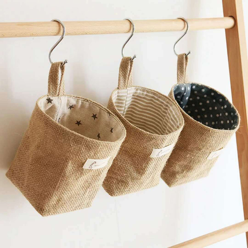 Description Picture 2 of itemDesktop Storage Basket Jute Cotton Linen Bag Hanging Pocket Small Sack Sundries Storage Box With Handle Cosmetic Storage Bag