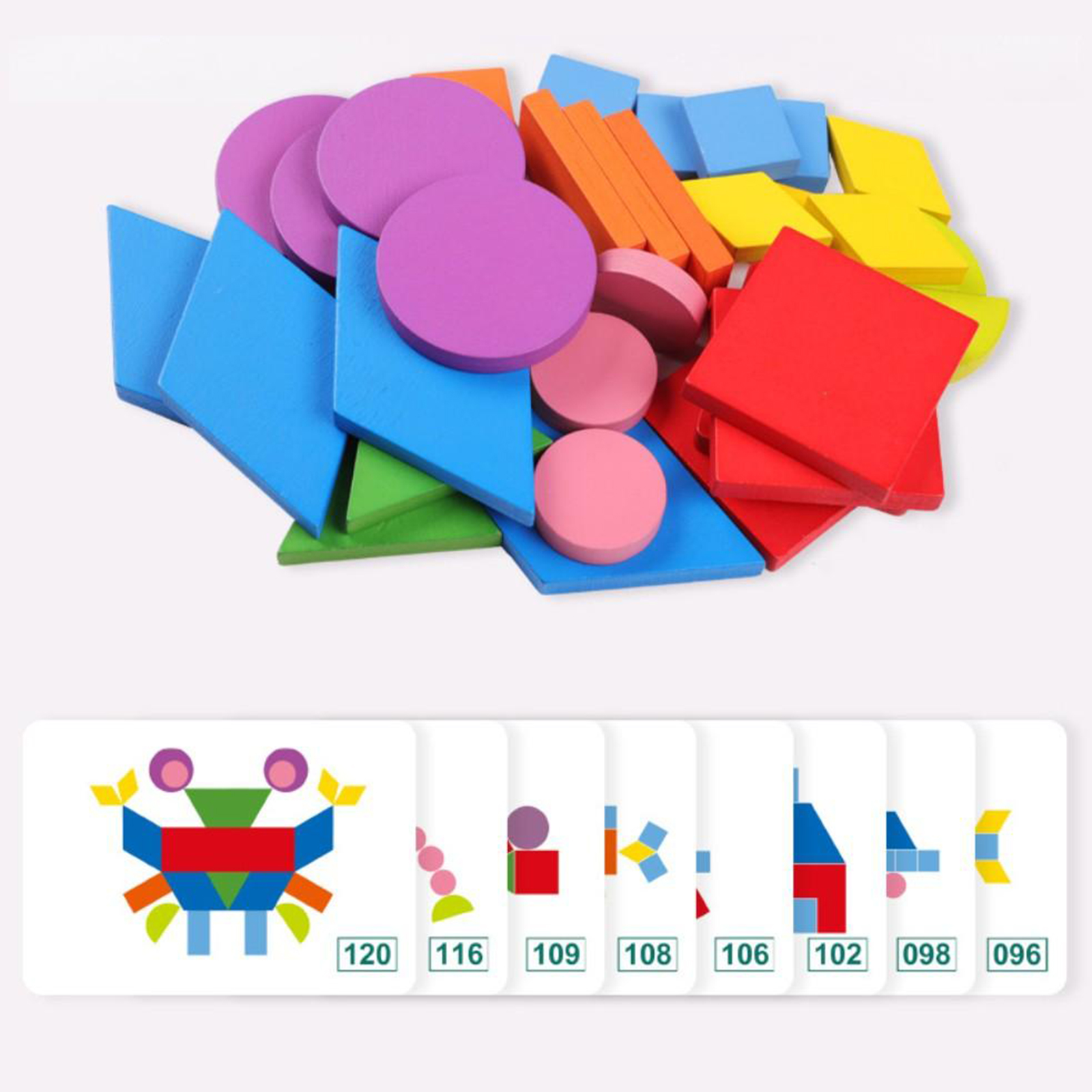 Wooden Pattern Blocks Set Shape Puzzle Kindergarten Classic Educational Montessori Tangram Toys for Kids Toddlers Ages 3-8