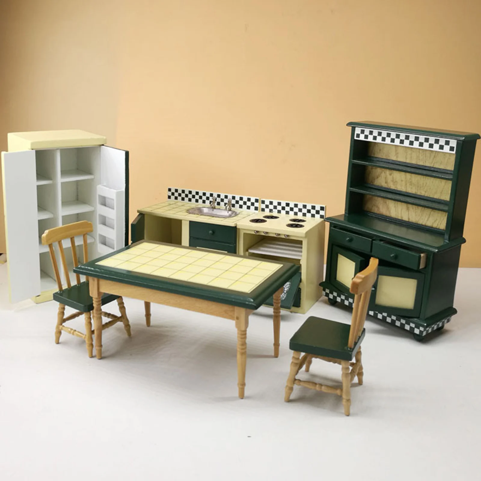 7pcs Miniature Dollhouse Kitchen Furniture Model Kit 1:12 Scale Handcrafted Refrigerator Cupboard Table Doll House Accessories
