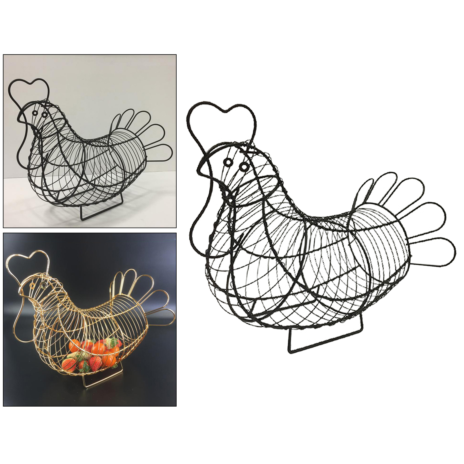 Black Chicken Hen Eggs Storage Basket Wire Art Easter Party Decor Vintage Vegetables Spread Mesh Onions Potatoes Stand