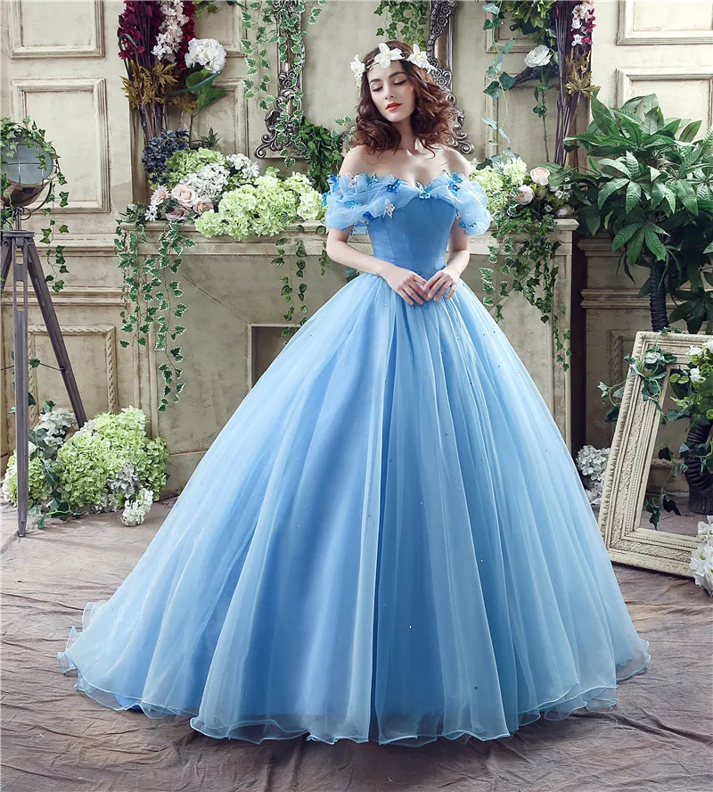 plus size prom & dance dresses 2021 Blue Ball Gown Prom Dress New Movie Princess Cinderella Cosplay Dress Off The Shoulder Organza Long Prom Gown Prom Dress cheap prom dresses