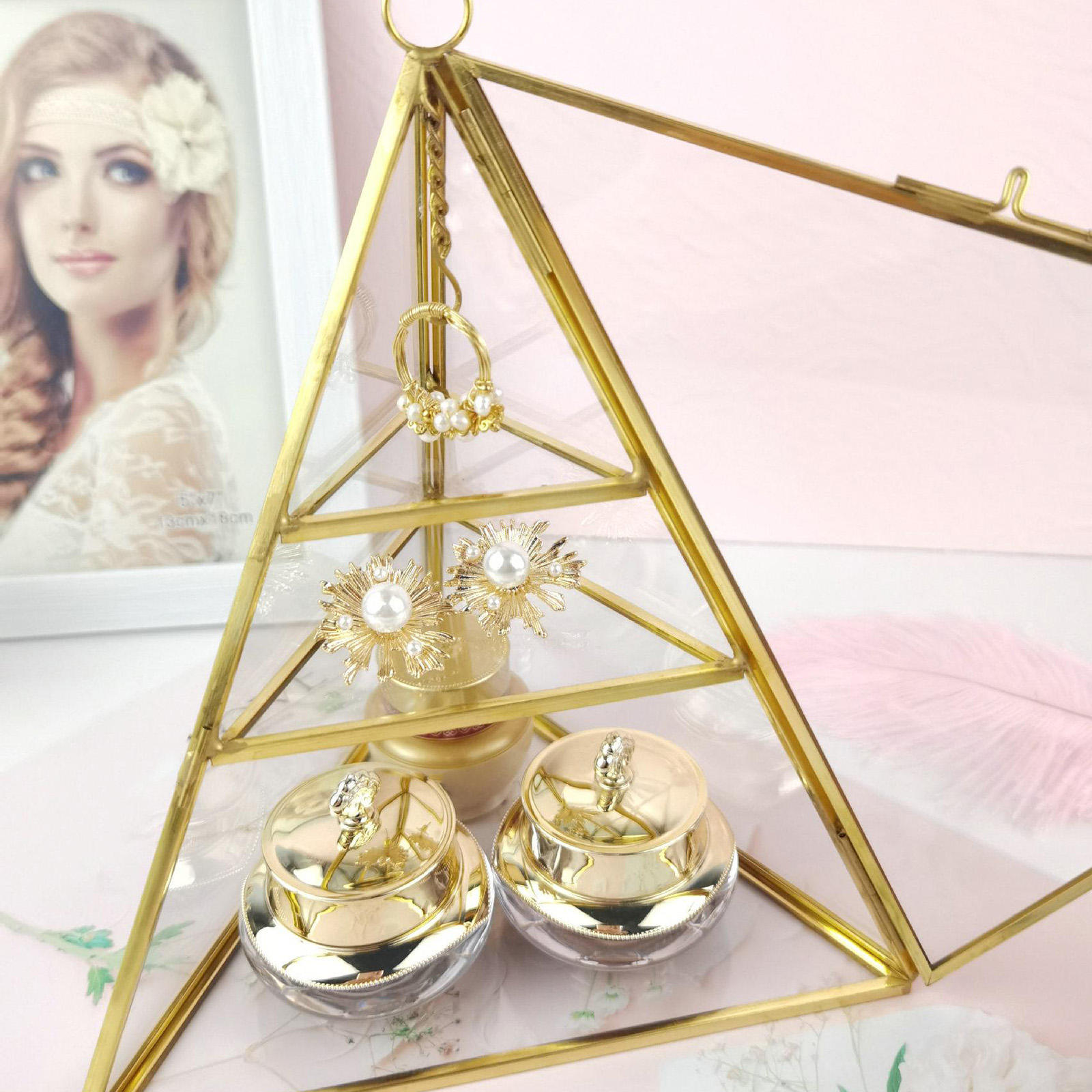 3 Tiers Clear Pyramid Glass Mirrored Jewelry Trinket Box Necklace Bracelets