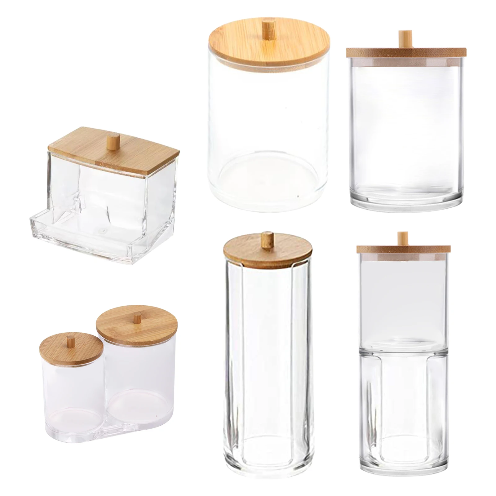 Acrylic Makeup Cotton Swabs Holder with Bamboo Lids Transparent Cosmetics Cotton Pads Organizer Bathroom Cotton Pads Container