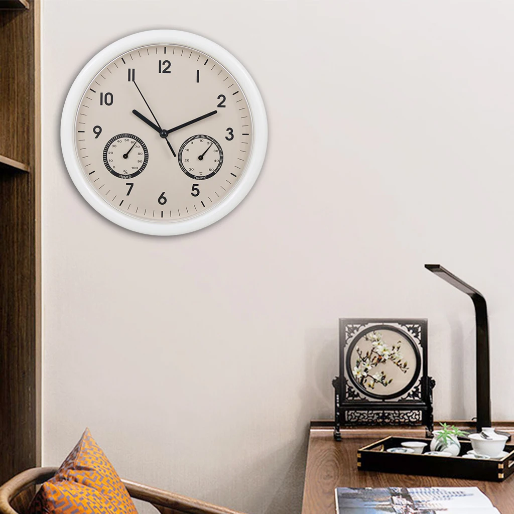 Silent Wall Clock with Thermometer and Hygrometer Display, Non Ticking Quartz Sweep Movement Battery Operated for Home, Office