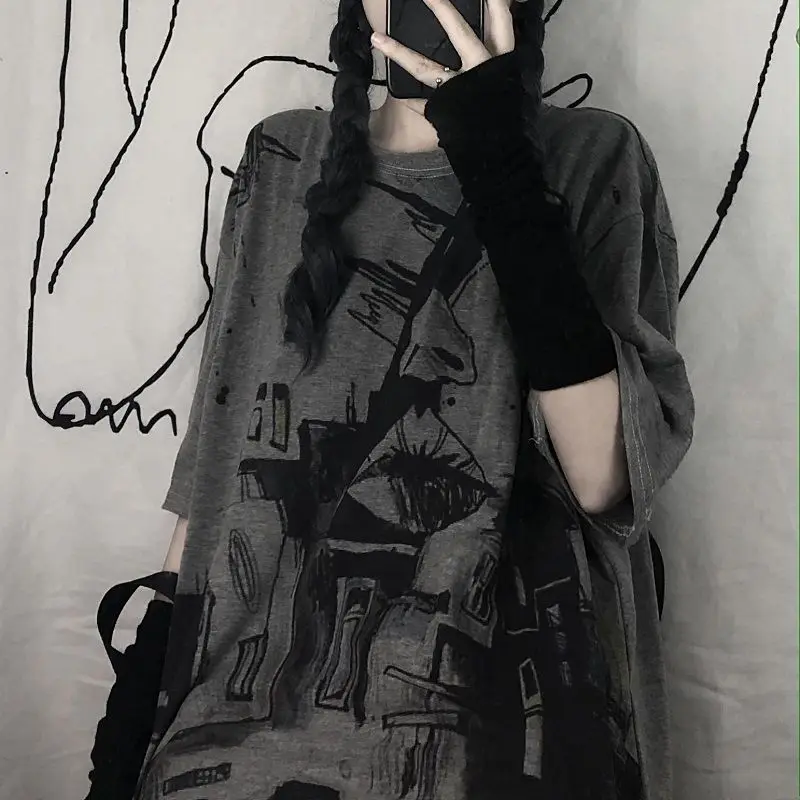 QWEEK Vintage Gothic Harajuku Graffiti T-shirt Women Streetwear 2021 Short Sleeve Korean Style Oversized Graphic Tees Summer