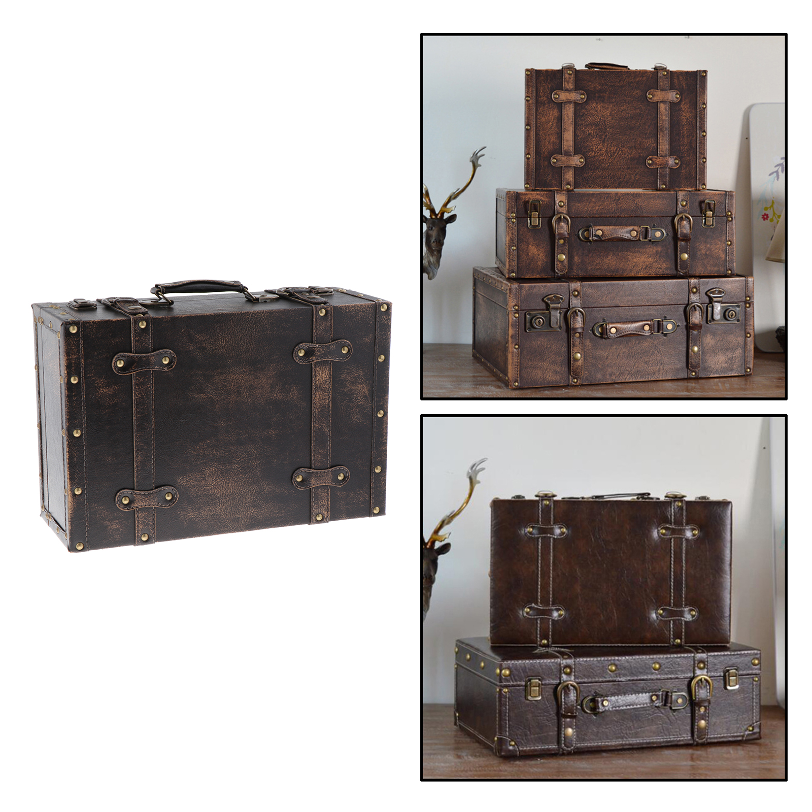 Vintage Wood Leatner Suitcase British Style Decorative Travel Storage Box Jewelry Box Photography Props