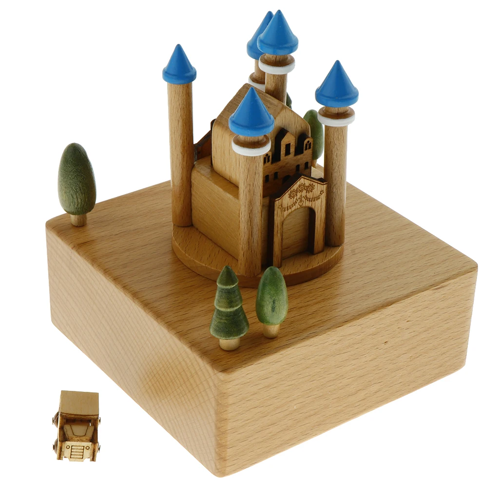 Blue Castle - Wooden Musical Box Classical Melody, with a Small Moving Car, Gift for Kids Family and Friends
