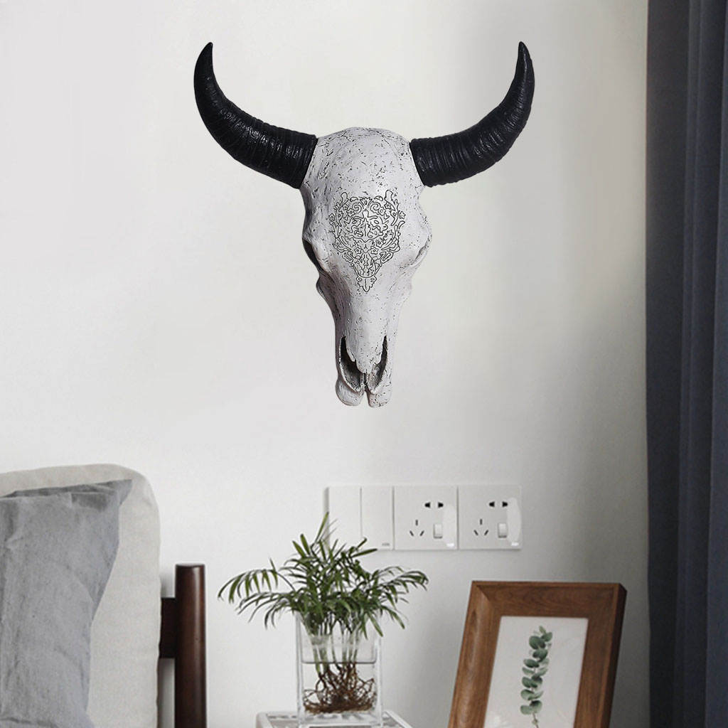 Bull Skull Sculpture Art Decor Resin Animal Head Retro Wall Mount for Home