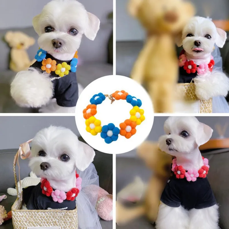 La imagen es un collage de cuatro fotografías en las que aparece un pequeño perro blanco. En cada foto, el perro lleva diferentes tipos de accesorios coloridos en forma de flores alrededor de su cuello. Los accesorios parecen estar hechos de tela o fieltro y vienen en varios colores como naranja, amarillo, azul y rosa.