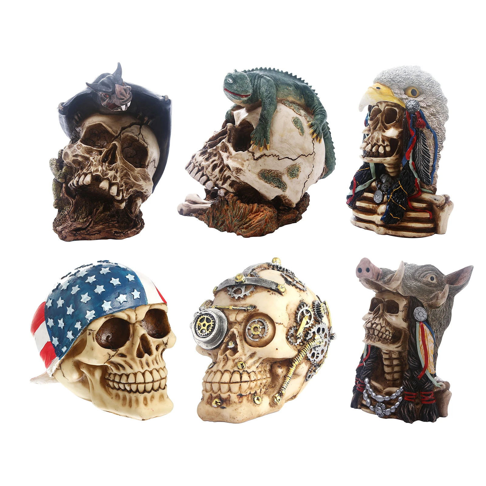 Head Skull Resin Figurine Statue Table Top Skeleton For Home Decoration 