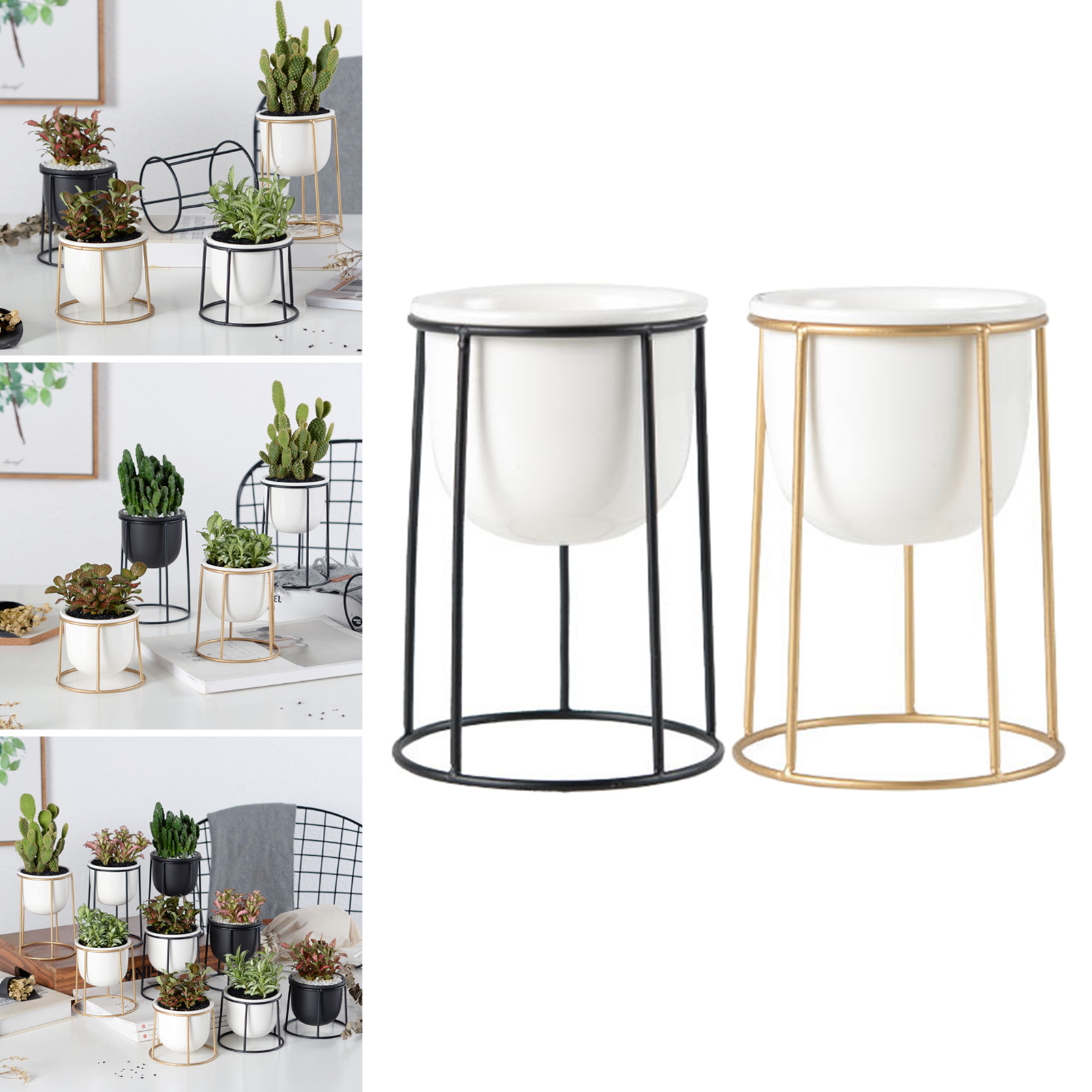 Modern White Ceramic Flower Pots with Iron Frame Stand Holder Home Decoration Succulent Plant Pot