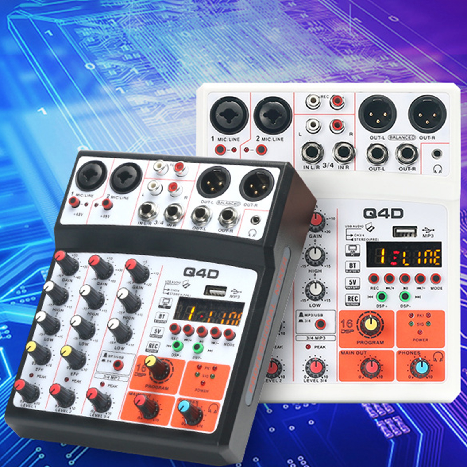 4 Channels DJ Audio Sound Mixer with 48V Phantom Power, Desktop Karaoke with MP3 Input, High Performance