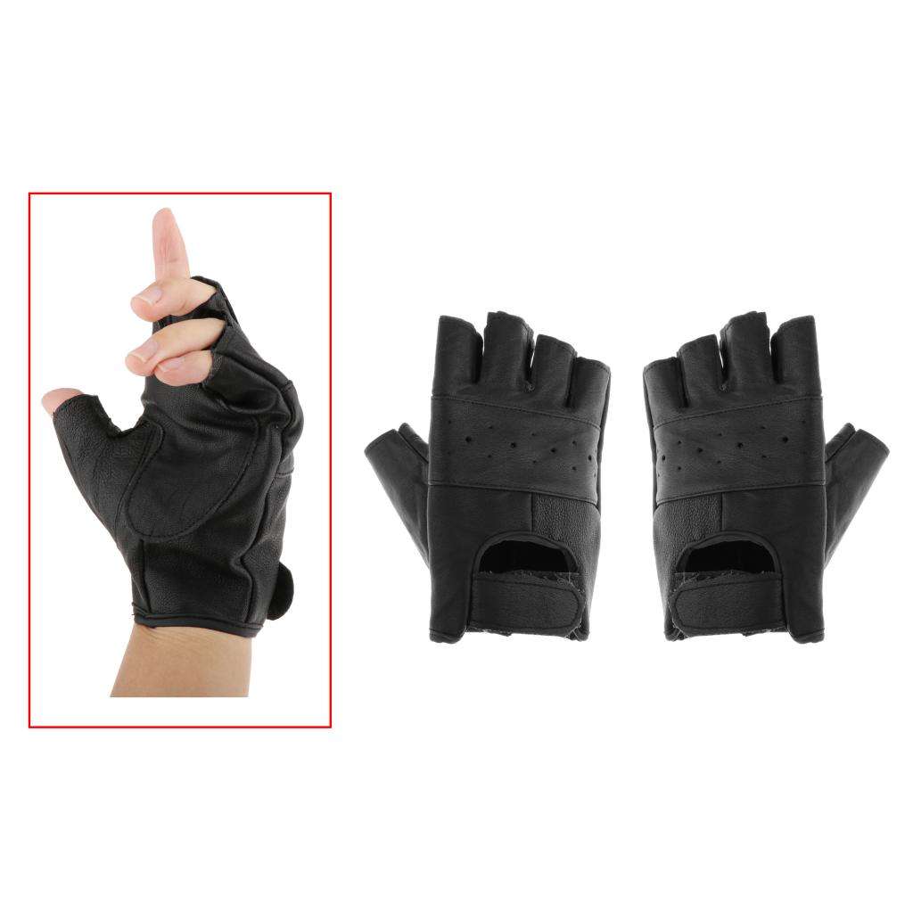 Leather Fingerless Gloves Men's Motorcycle Premium Driving Cycling Weight Lifting Gloves (Black)