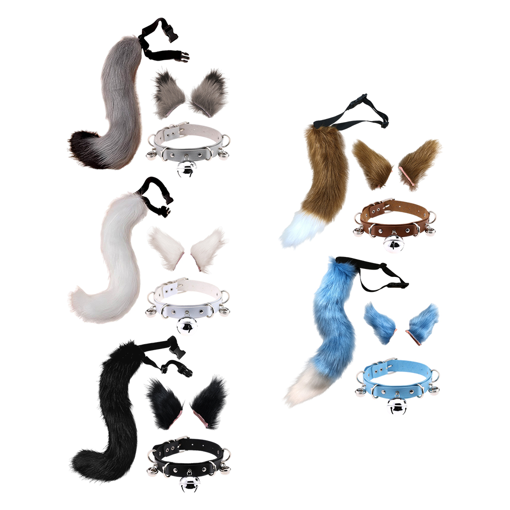 Faux Fur Cat Ears Hair Clip Furry Wolf Fox Tail Halloween Bell Leather Neck Chocker Cosplay Set
