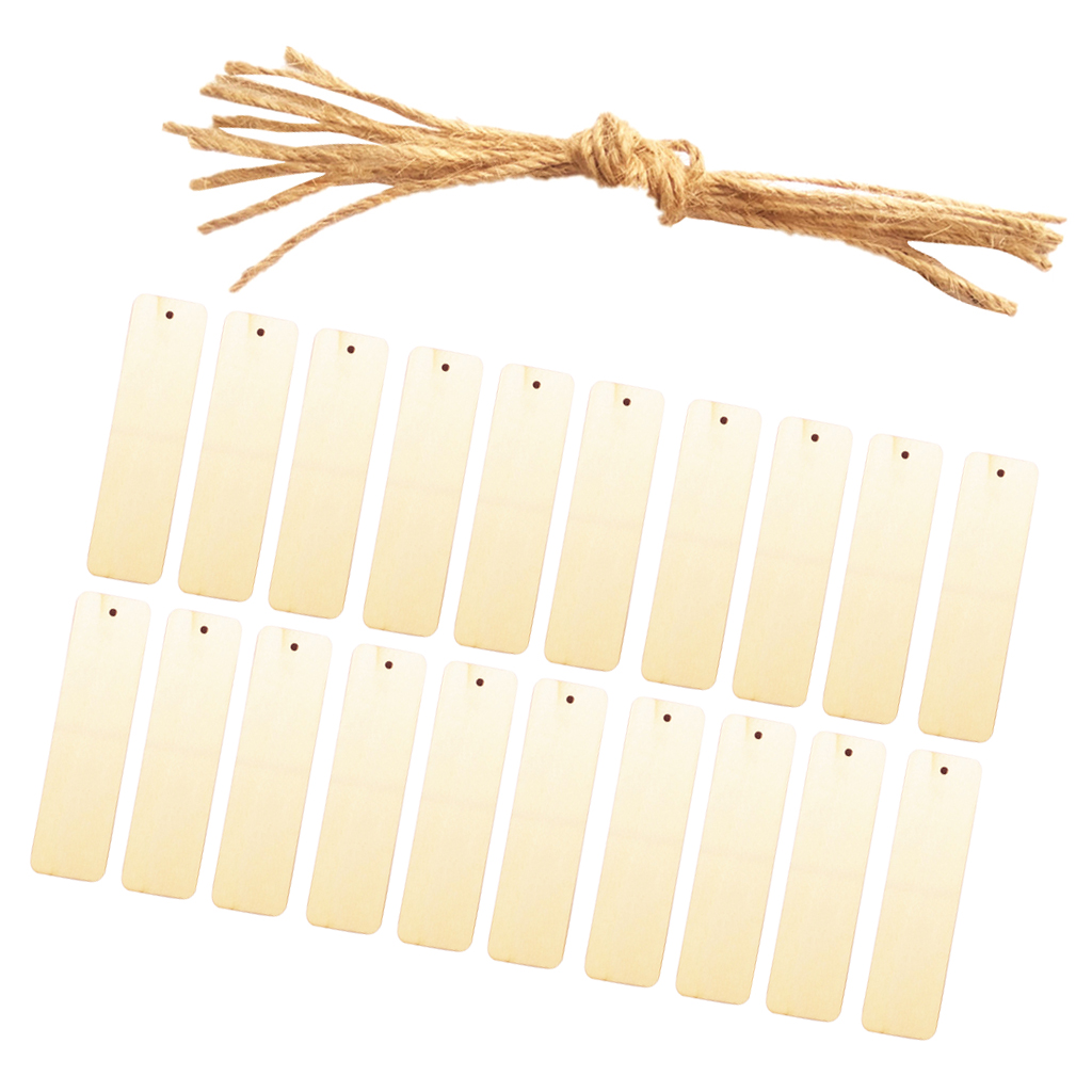 20pcs Rectangle Wood Pieces Bookmark Scrapbooking Embellishment Price Tags Card Making Gift Tags DIY Craft with String