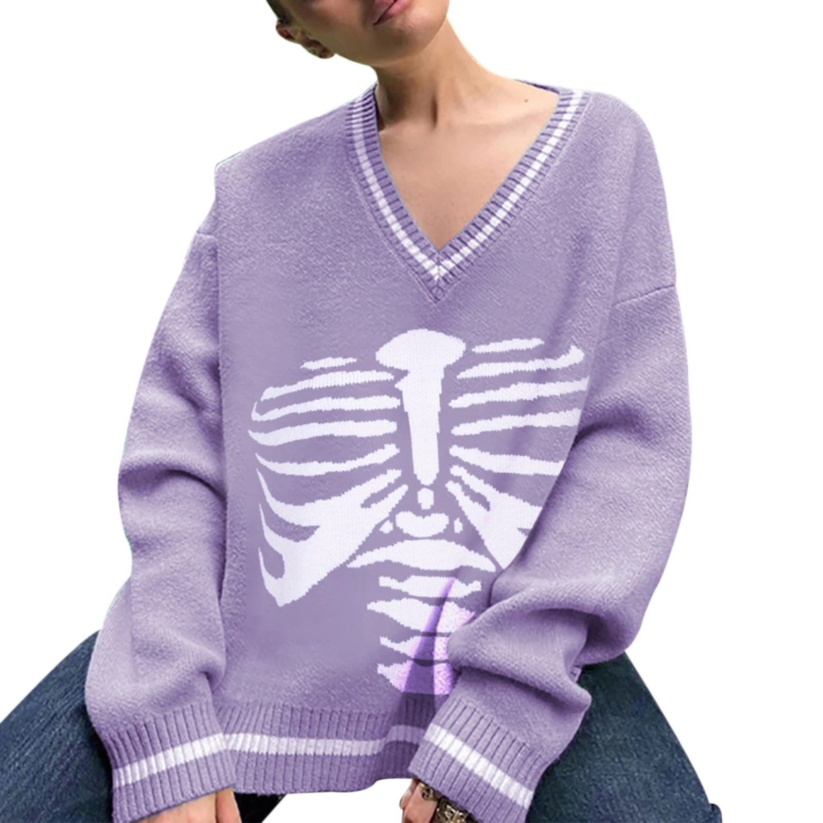 Winter Sweater Women 2021 Fashion Skeleton Print Pullover Women Long Sleeve Casual Tops Loose Preppy Style Warm Sweater pink cardigan