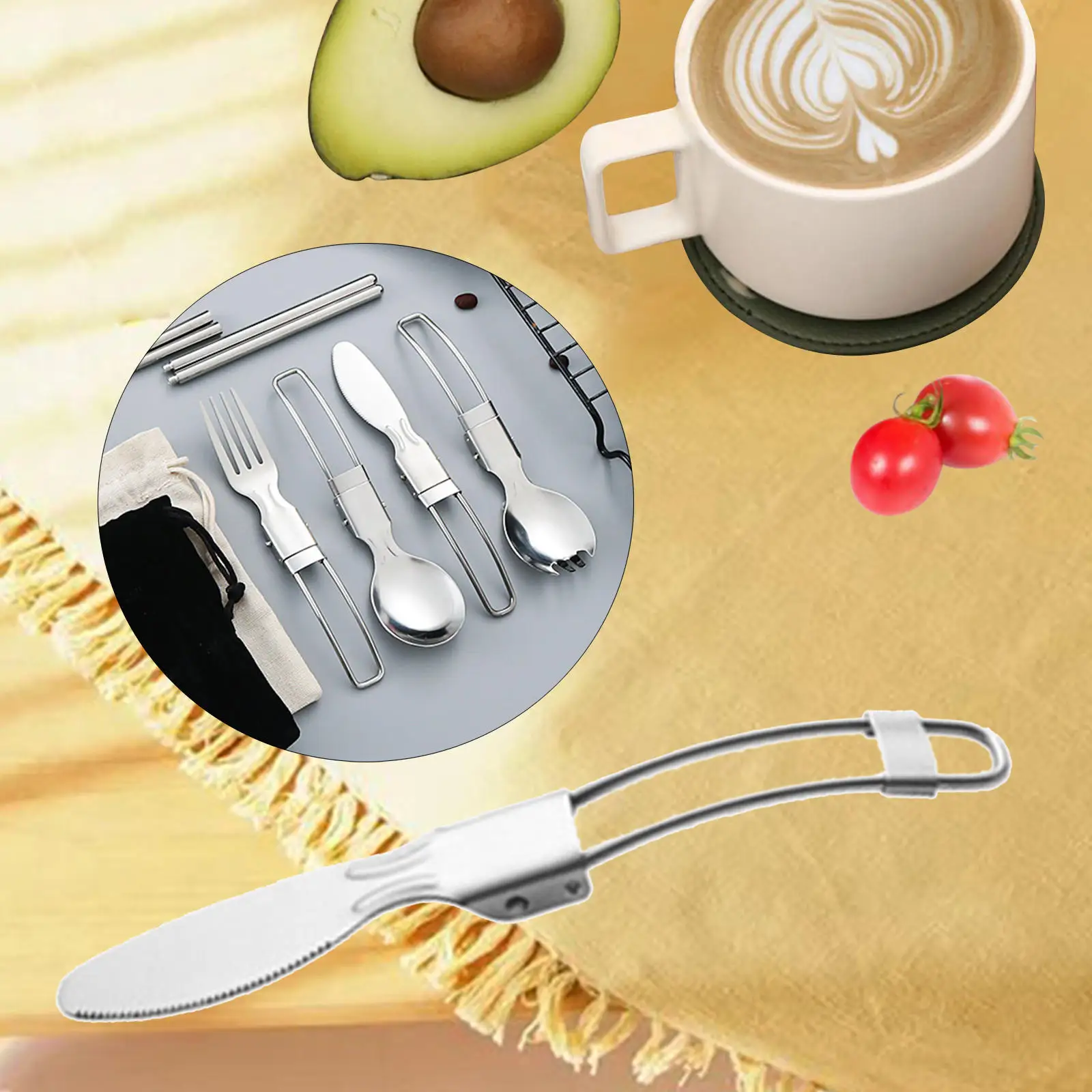 Stainless Steel Folding Cutlery Compact Portable Light Dinnerware with Folding Handle for Camping Travel Office Home Use School