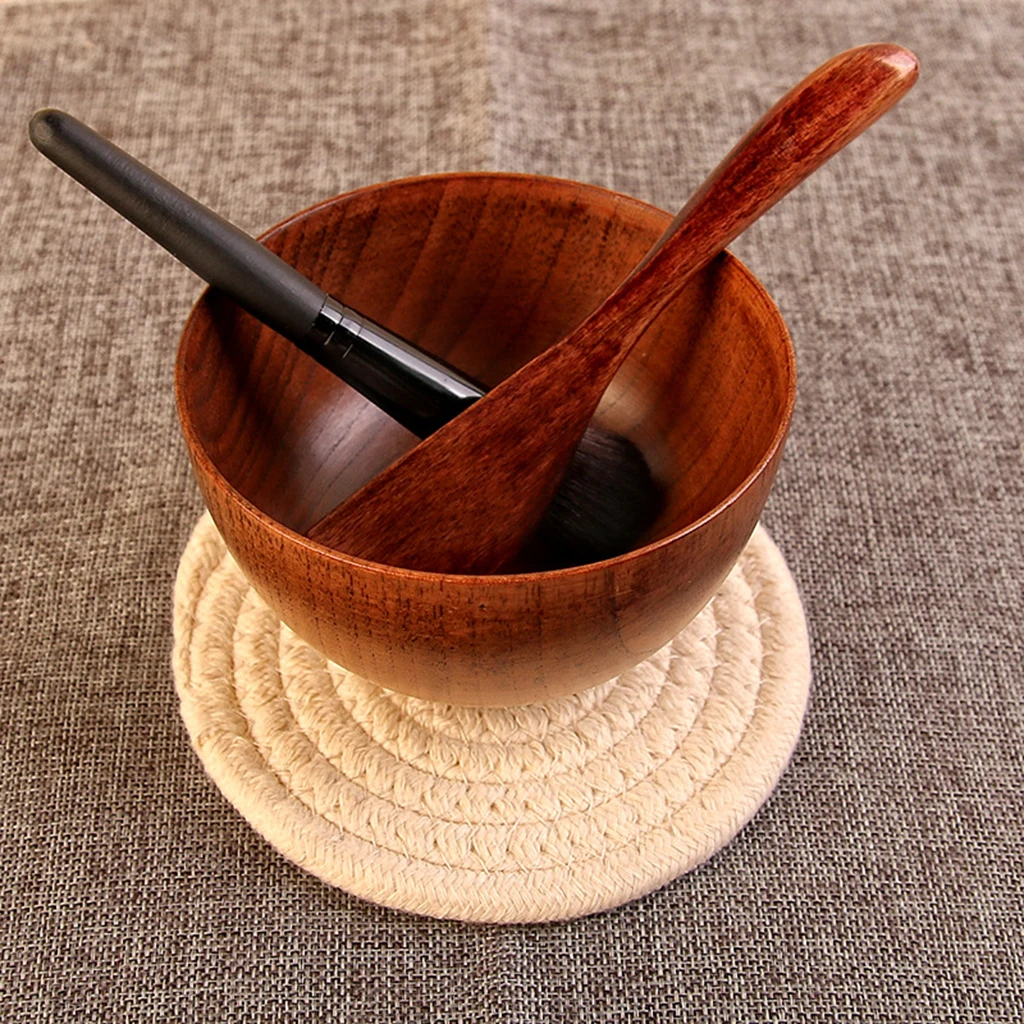 3Pcs DIY Wooden Beauty Facial Mask Mixing Bowl Kit with Brush Spatula (Brown Color) Mini Beauty Mask Brush Applicator Spoon