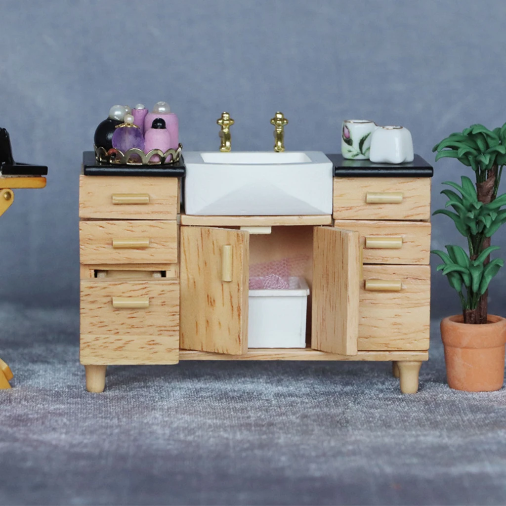 Dollhouse Mini Furniture Modern Oak Sink Cabinet Doll House Accessories
