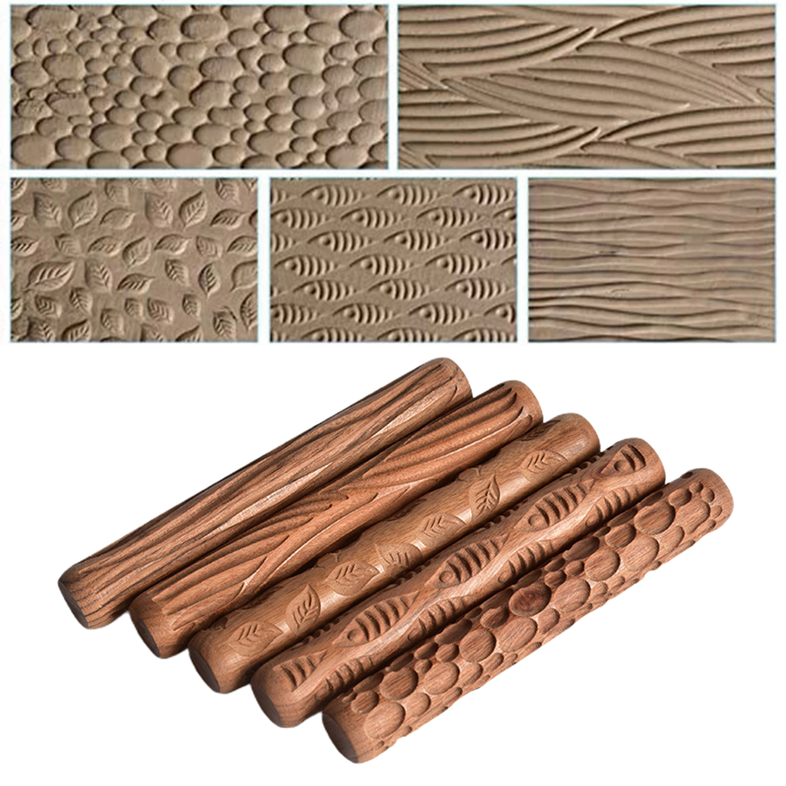 5pcs Clay Modeling Pattern Rollers Kit Pottery Wooden Handle Tools Set with Fish, Patterns, Leaves, Cobblestone, Weave Sticks