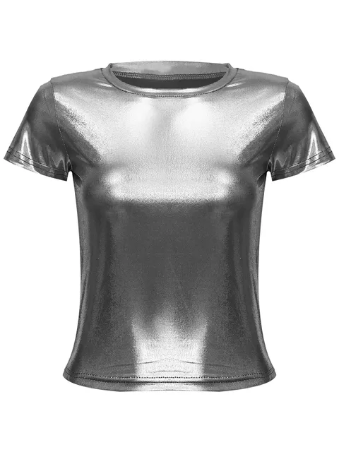 Women Shiny Metallic Silver Short Sleeve T-shirt Sexy Round Neck