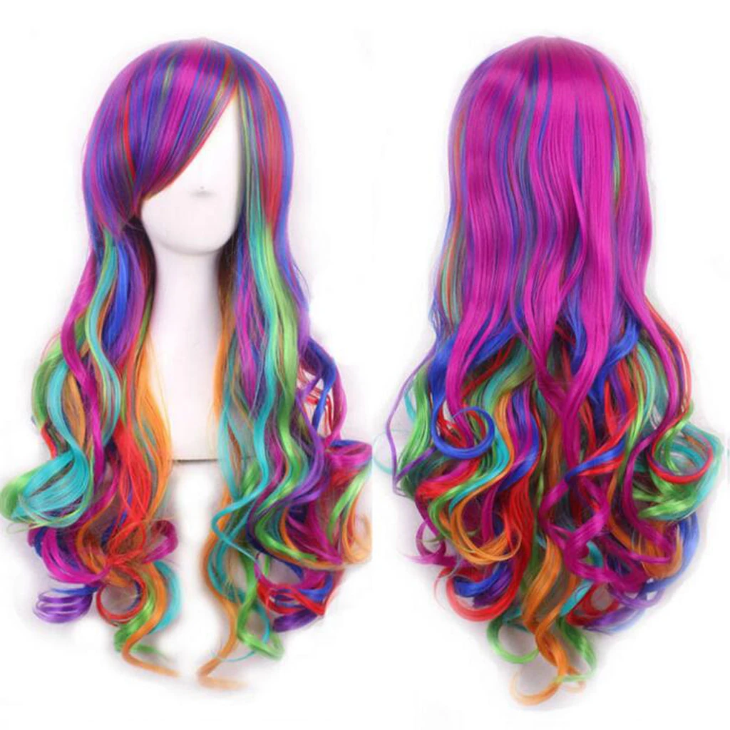 Harajuku Long Curly Wig Bright Colors Rainbow Colors Girls 70 Cm