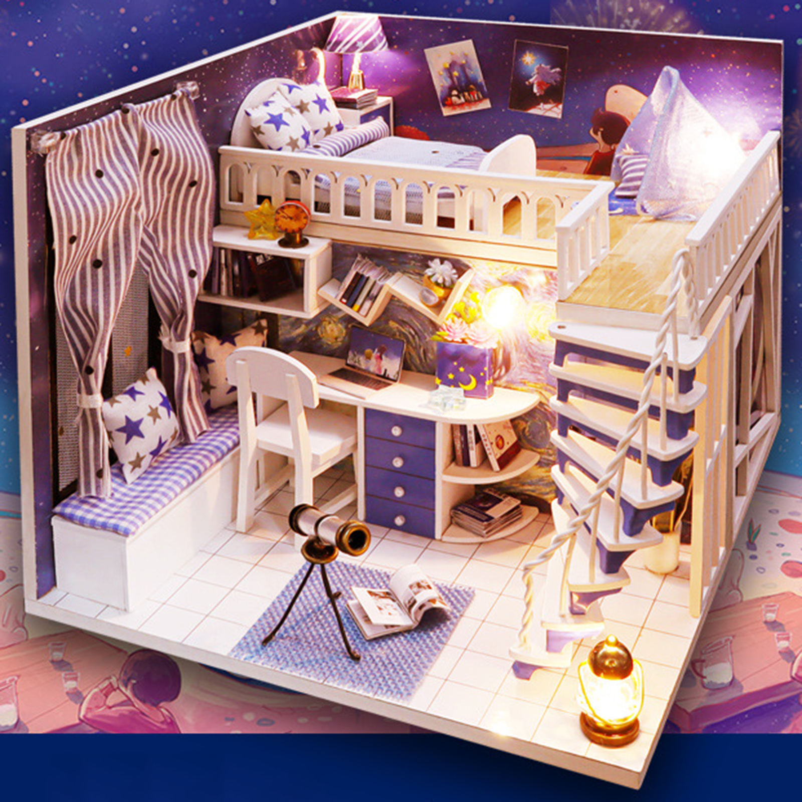 Dollhouse Kit LED Light Dustproof Case Wood Craft Themed Star House Gift