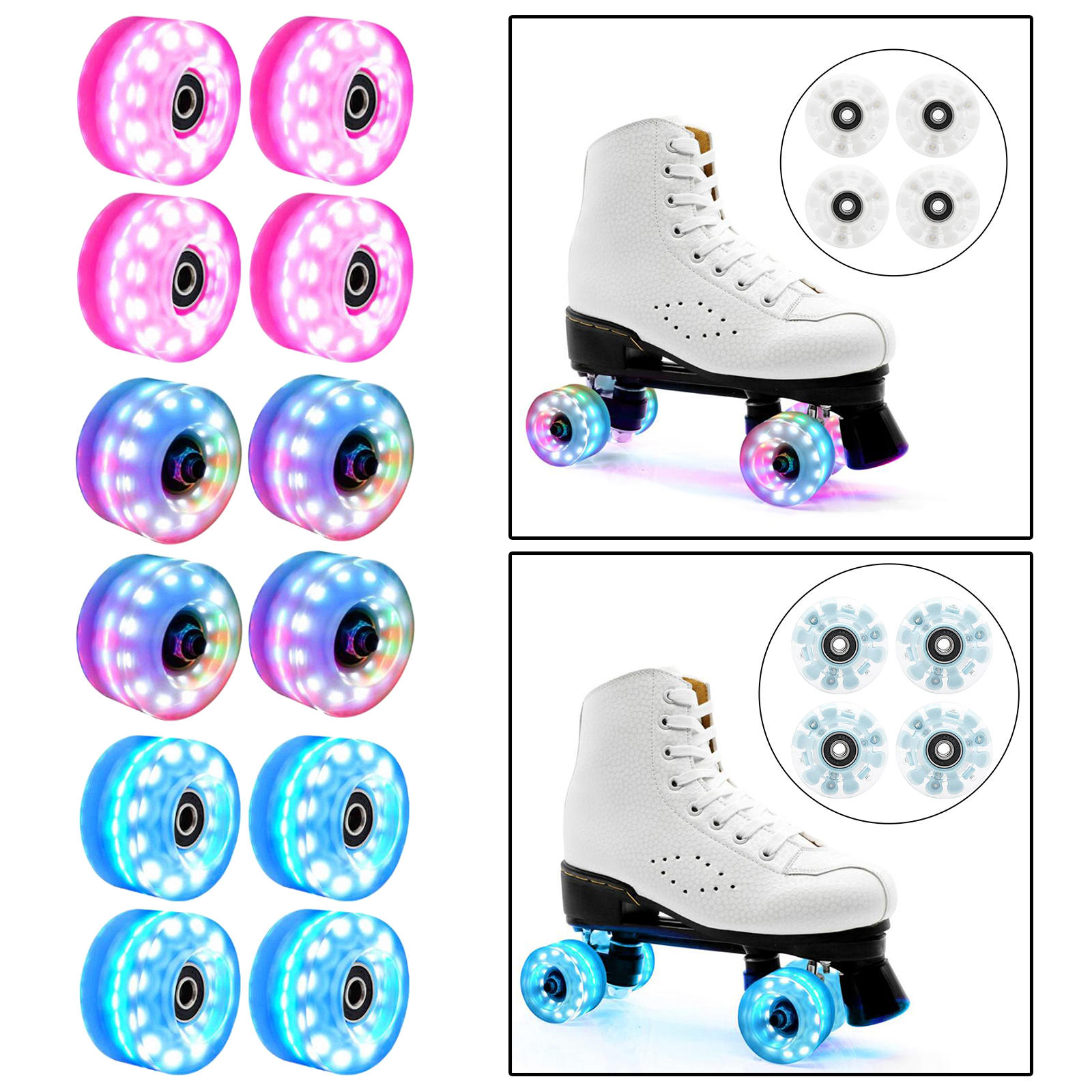 4PCS Light Up Quad Roller Skate Wheels 58mm x 32mm, Luminous Light Up Quad Roller Skateboard Wheels with Bearings Installed
