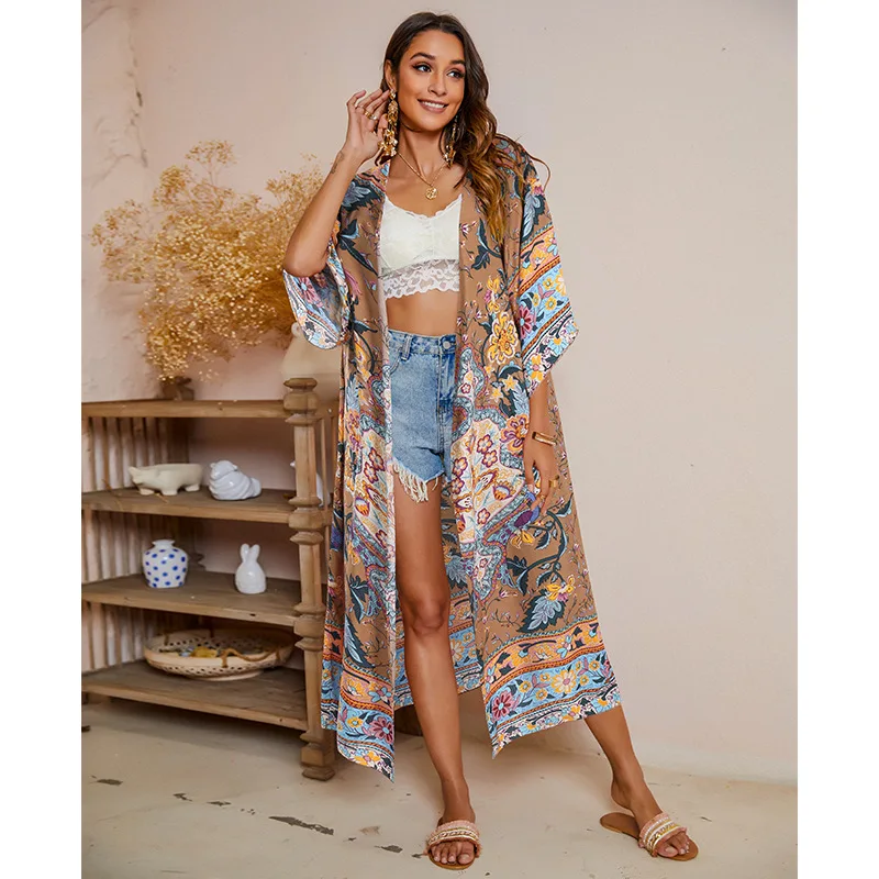beach maxi dress with sleeves Women Loose-Fitting Short-Sleeved Boho Shawl Sunscreen Blouse Adult Flower Print Half-Sleeve Front Opening Sunscreen Cardigan bikini cover up pants