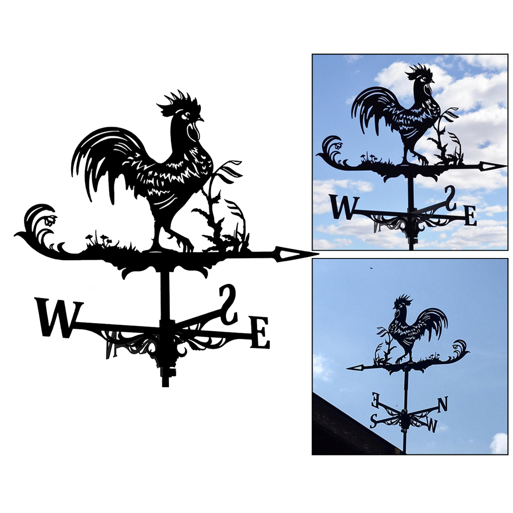 Decorative Wind Vane Weather Vane Garden Mount Yard Stake, Stainless Steel Rooster Weather Vane Farm Durable Scene - Black
