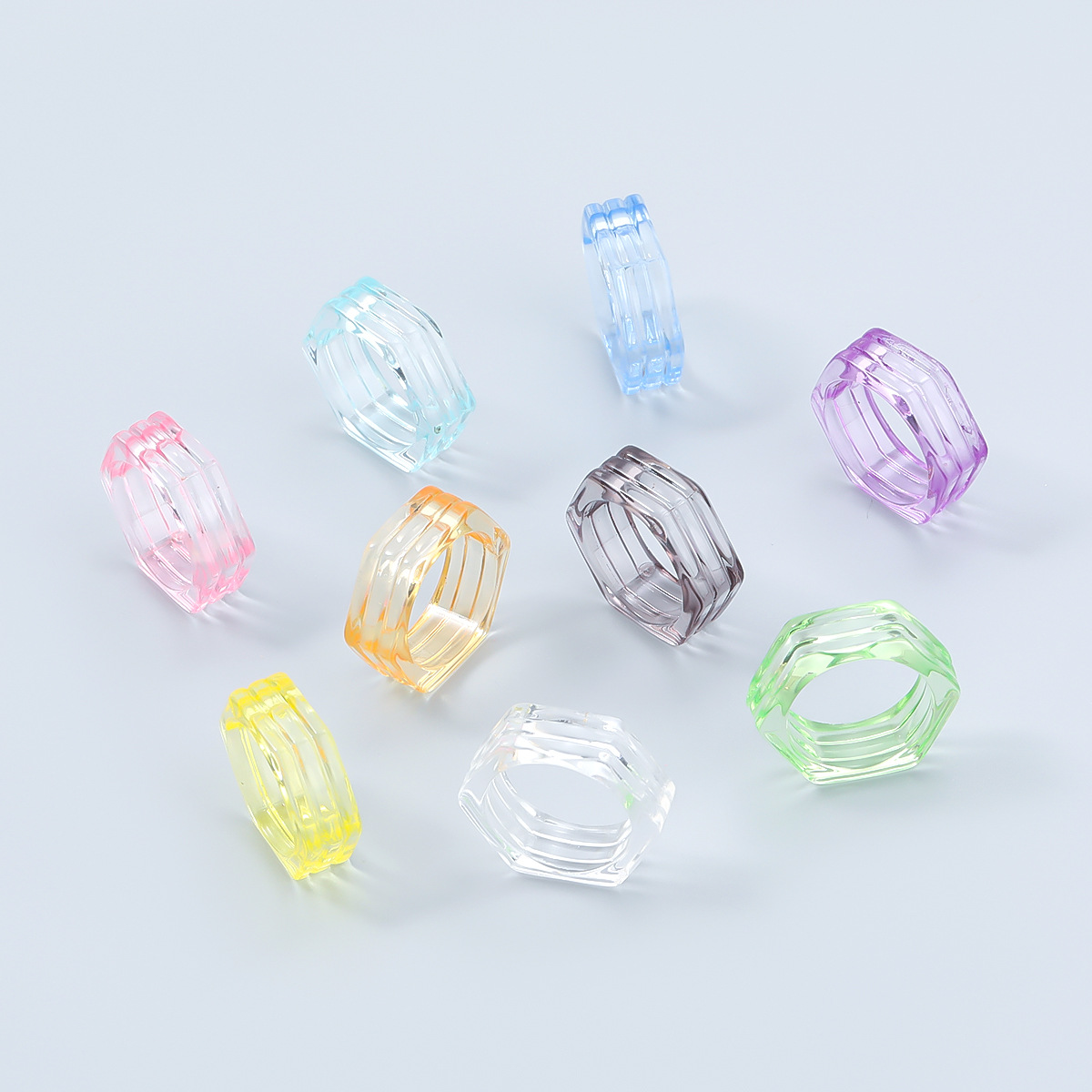 Fashion Candy Color Hexagon Transparent Resin Ring Couple Popular Hip-hop Ring Campus Party Accessories