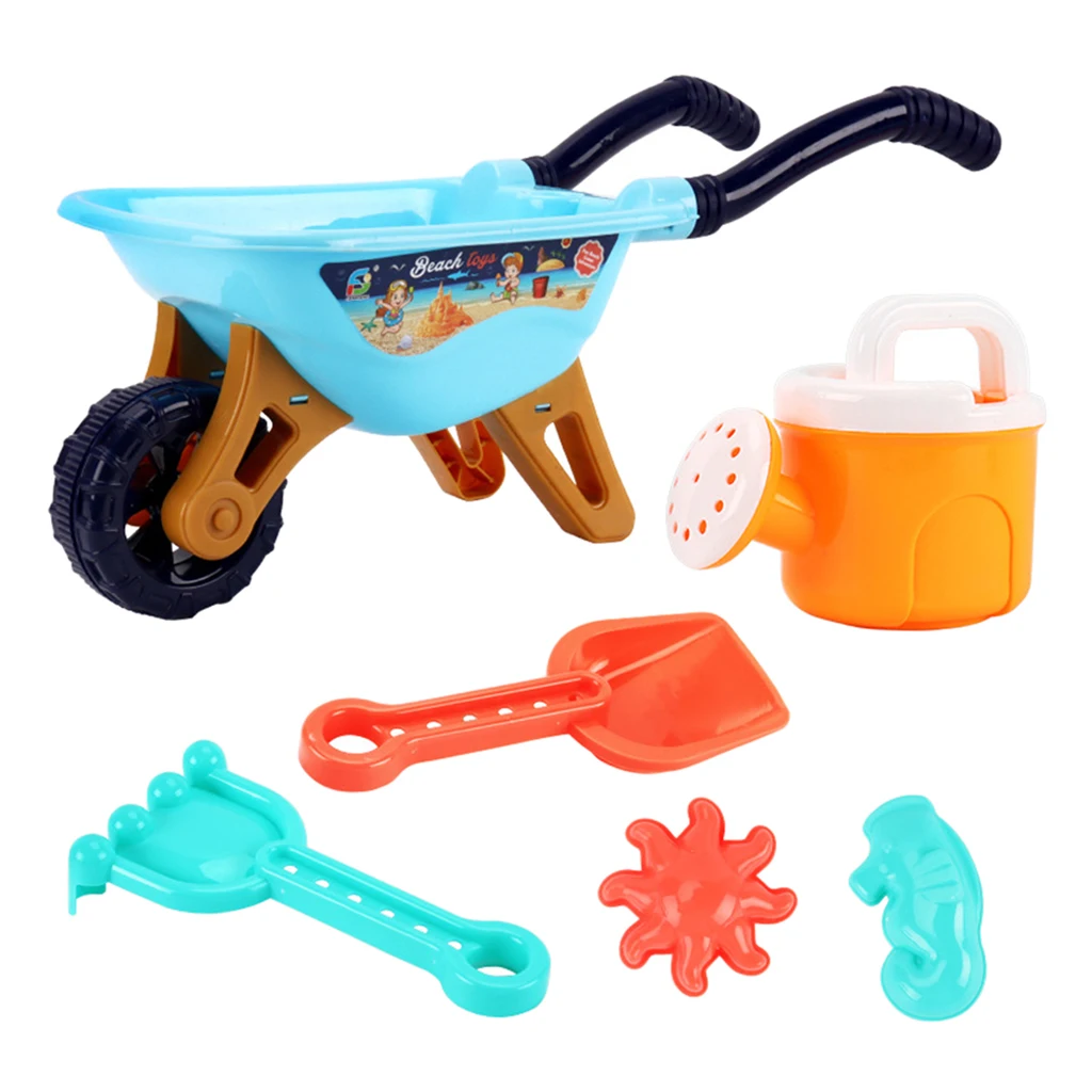 6 Pieces Beach Sand Toys Set Trolley Shovels 2pcs Sand Molds Outdoor Tools Kit for Kids Toddlers Reusable