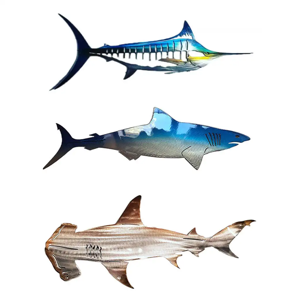 3Pack Large Metal Shark Wall Decor Art Ocean Fish ing Wall Sculptures