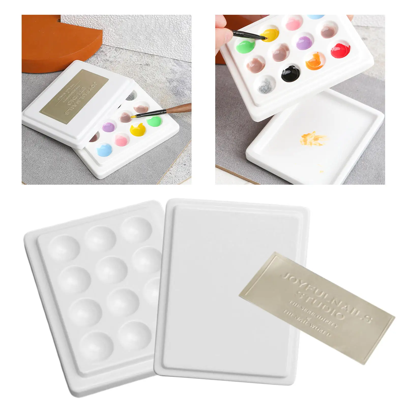 12-Well Ceramic Gouache Watercolor Paint Palette with Lid Coloring Washable