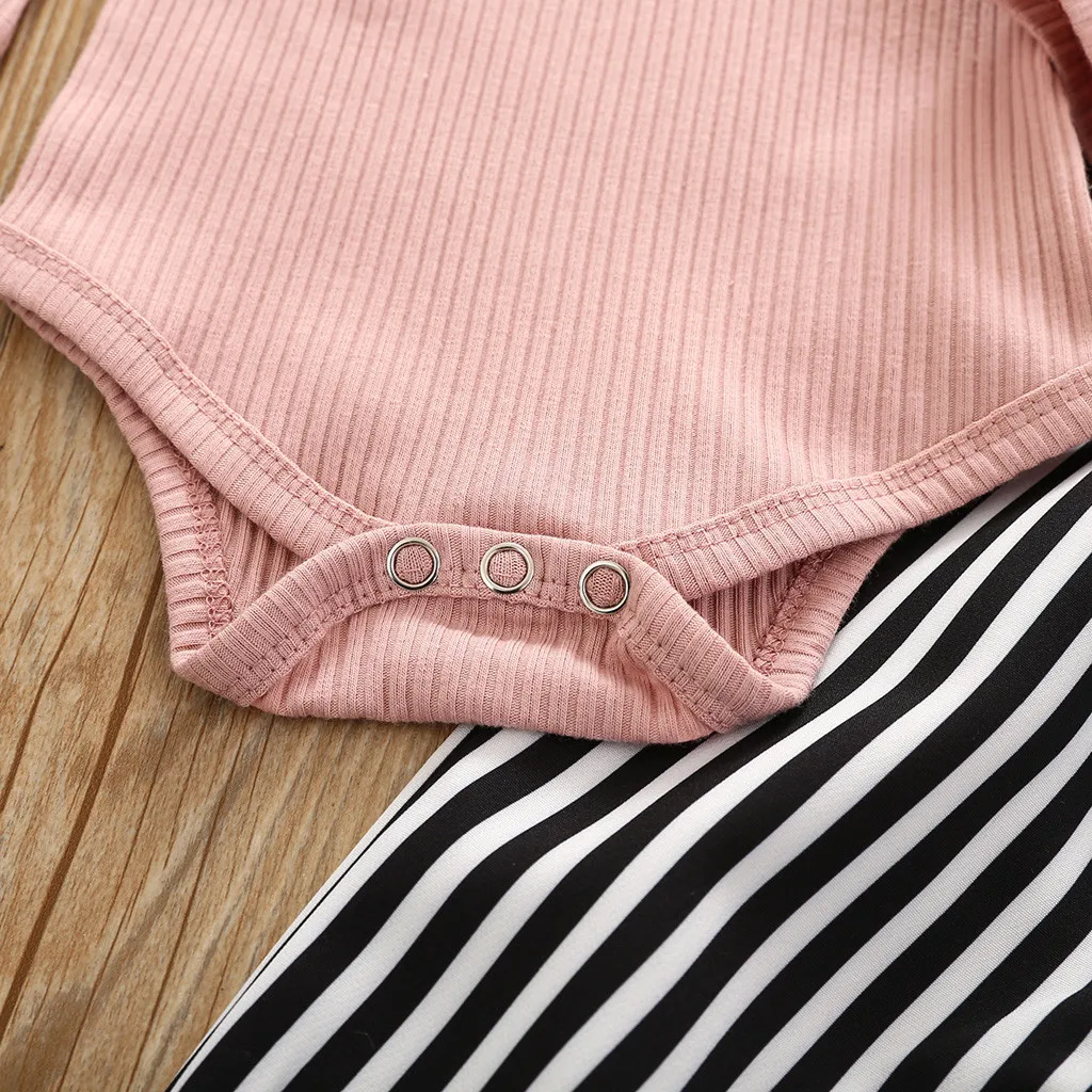 Headbands Outfits Set Newborn Infant Baby Girls Ruffle Romper+Stripe Pants 