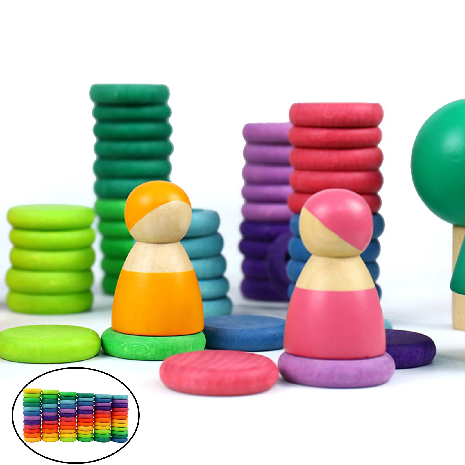 72/Set Multicolor Wood Round Block Donut Pie Shape Block Stacking Counting Stacker Puzzle Baby Creative Building Toy Home Decor