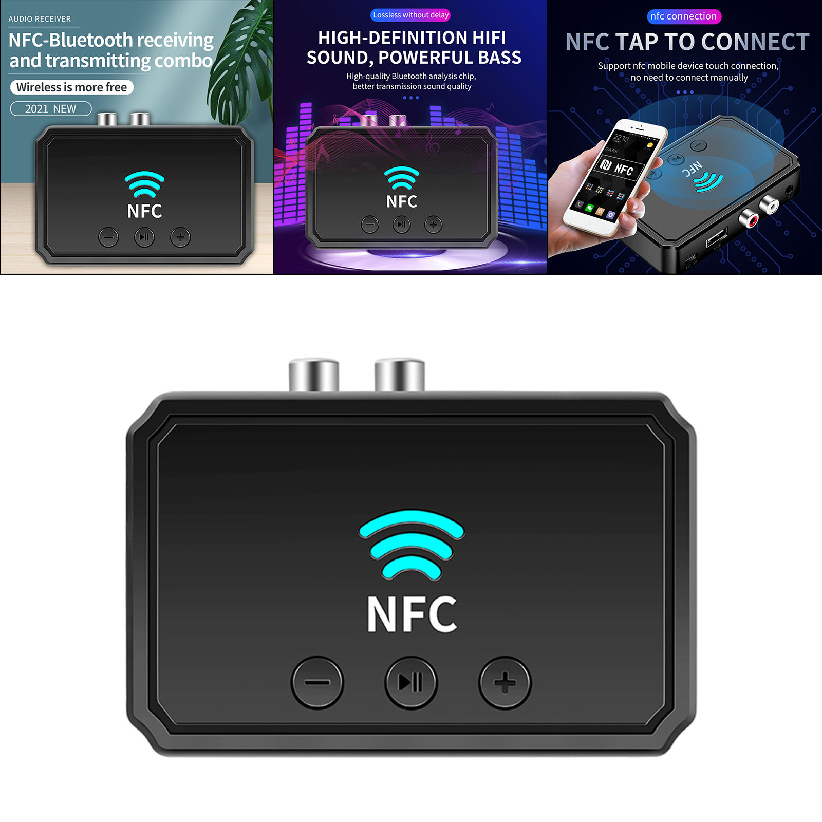 NFC Bluetooth 5.0 Audio Adapter Transmitter Plug and Play Music Streaming Wireless 3.5mm AUX/RCA Receiver for Speaker Headphone