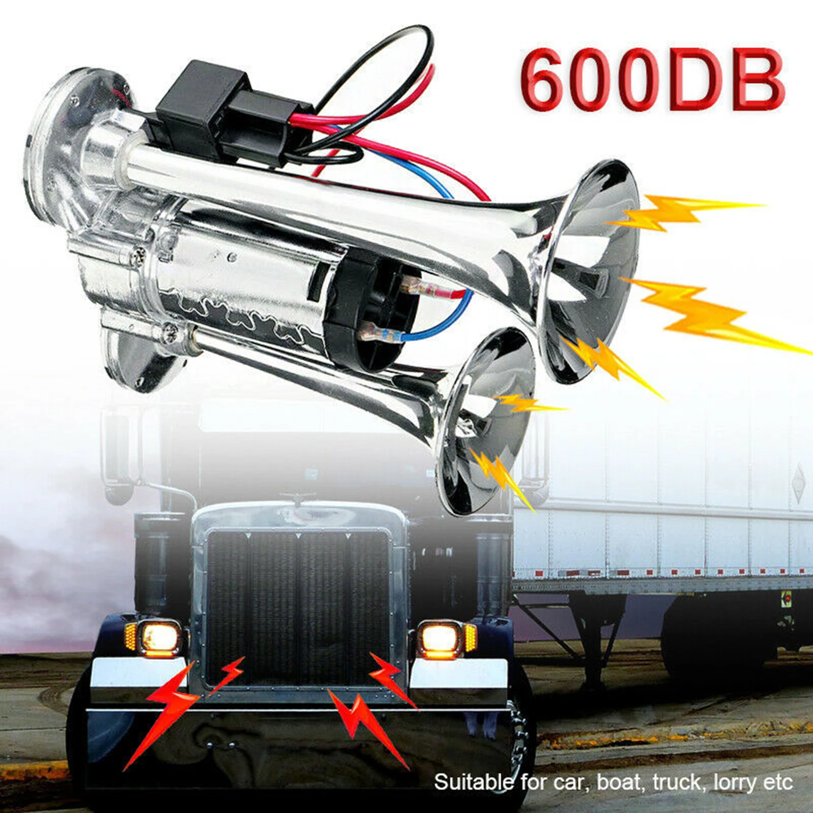 Silver 600DB 12V Dual Trumpet Car Electric Horn Kit Train Motorcycle Speaker