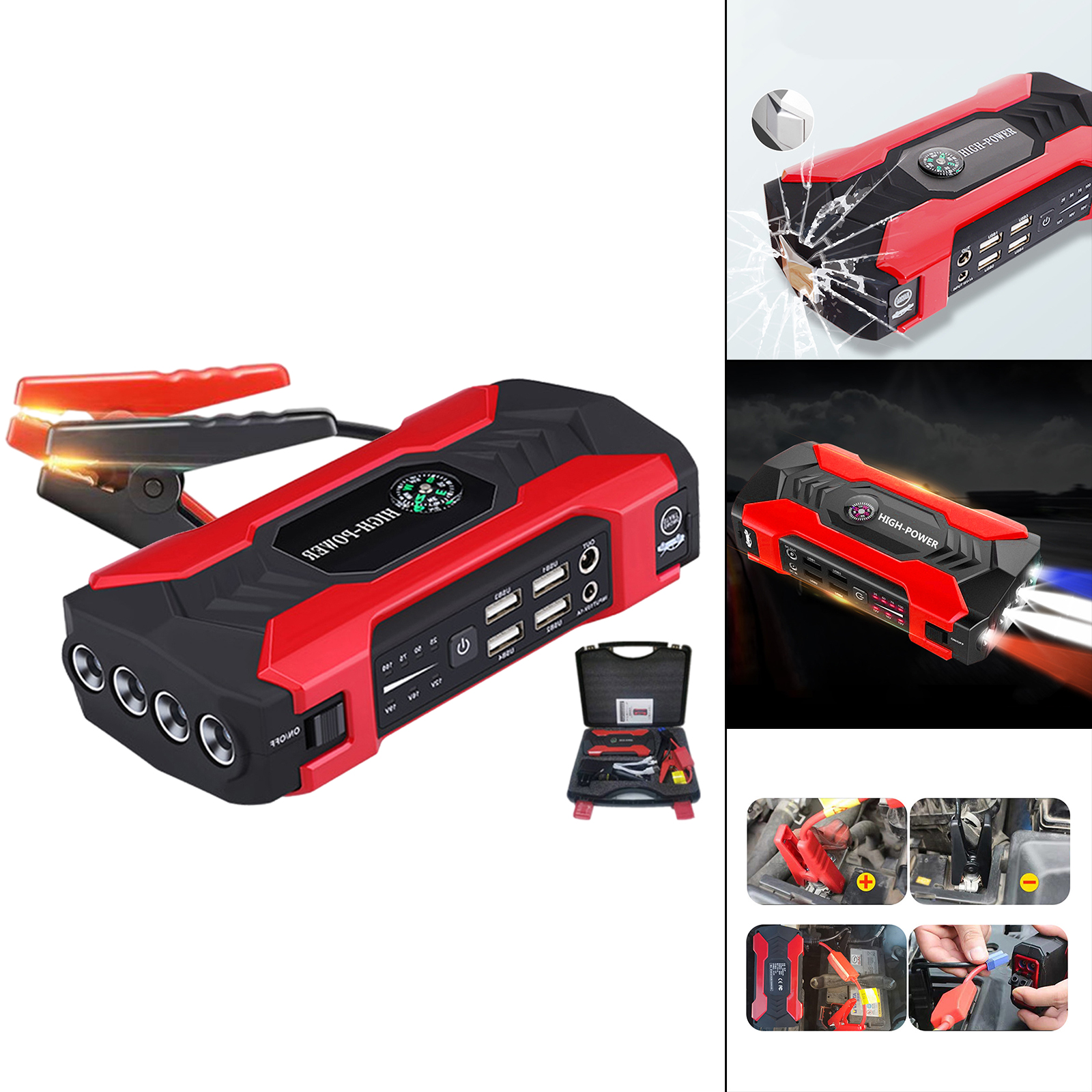 12V Car Jump Starter Peak 400A 10000mah LED Flashlight for Carry Case